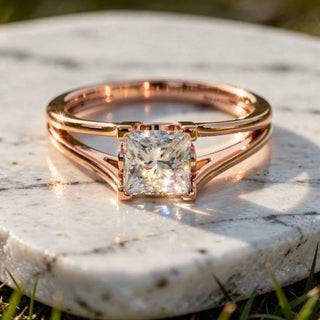 Close-up: Princess Diamond Engagement Ring with Split Shank Setting in 14k Rose Gold - Lab Grown - Driona Jewels