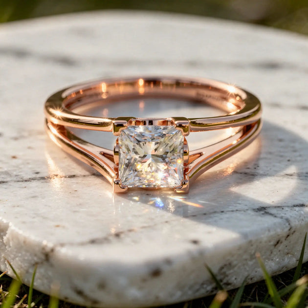 Close-up: Princess Diamond Engagement Ring with Split Shank Setting in 14k Rose Gold - Lab Grown - Driona Jewels