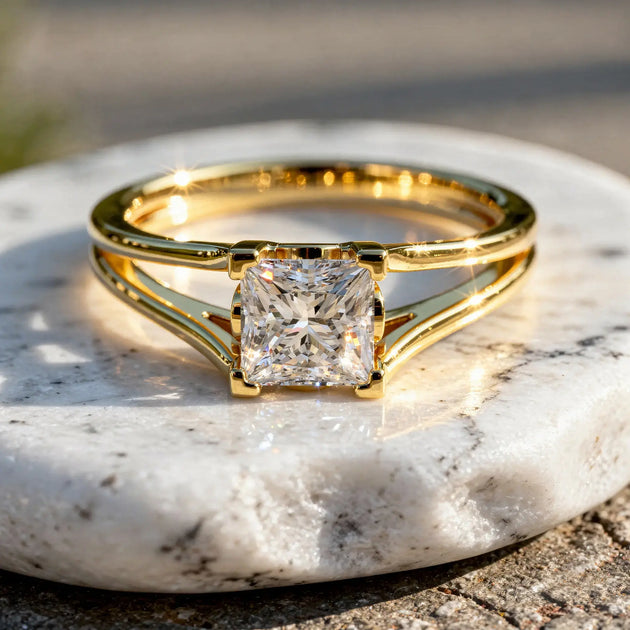 Close-up: Princess Diamond Ring with Split Shank Setting in 14k Yellow Gold - Lab Grown - Driona Jewels