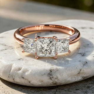 Front-view: Princess Cut Diamond Ring with Three-Stone Setting in 14k Rose Gold - Lab Grown - Driona Jewels