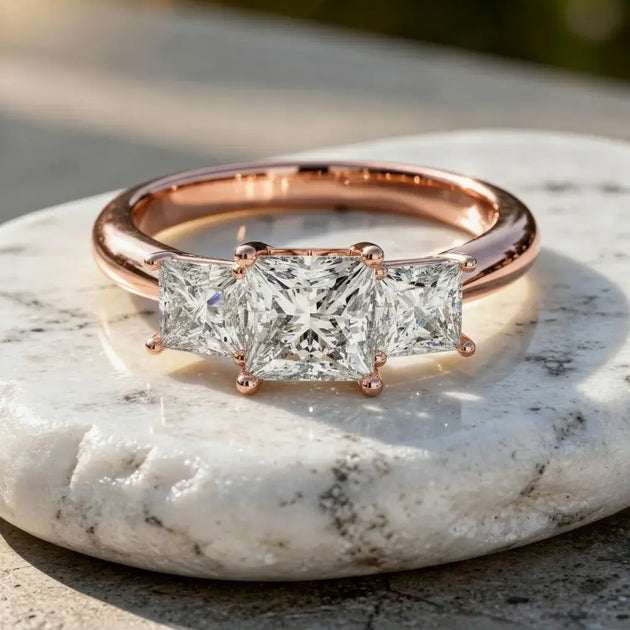 Front-view: Princess Cut Diamond Ring with Three-Stone Setting in 14k Rose Gold - Lab Grown - Driona Jewels