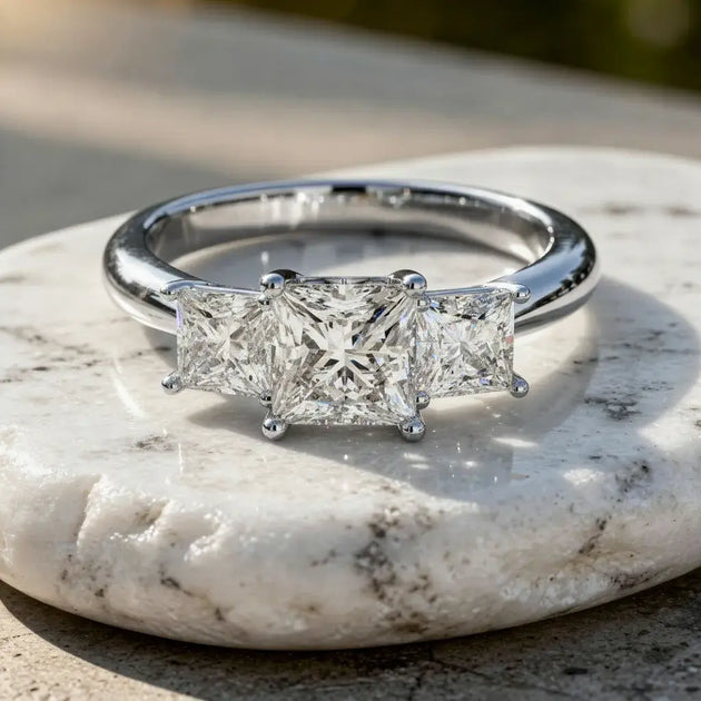 Flat-Lay: Princess Diamond Ring with Three-Stone Setting in 14k White Gold - Lab Grown - Driona Jewels