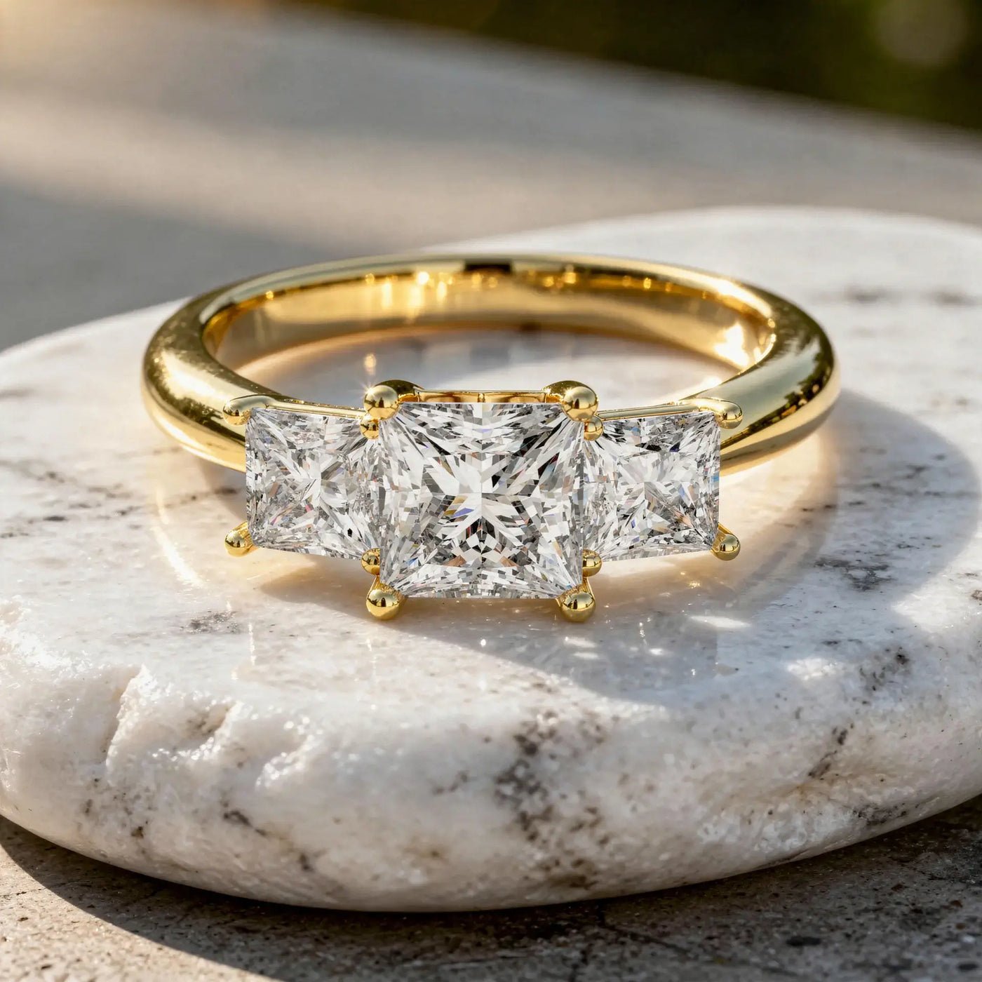 Flat Lay: Princess Diamond Ring with Three Stone Setting in 14k Yellow Gold - Lab Grown - Driona Jewels