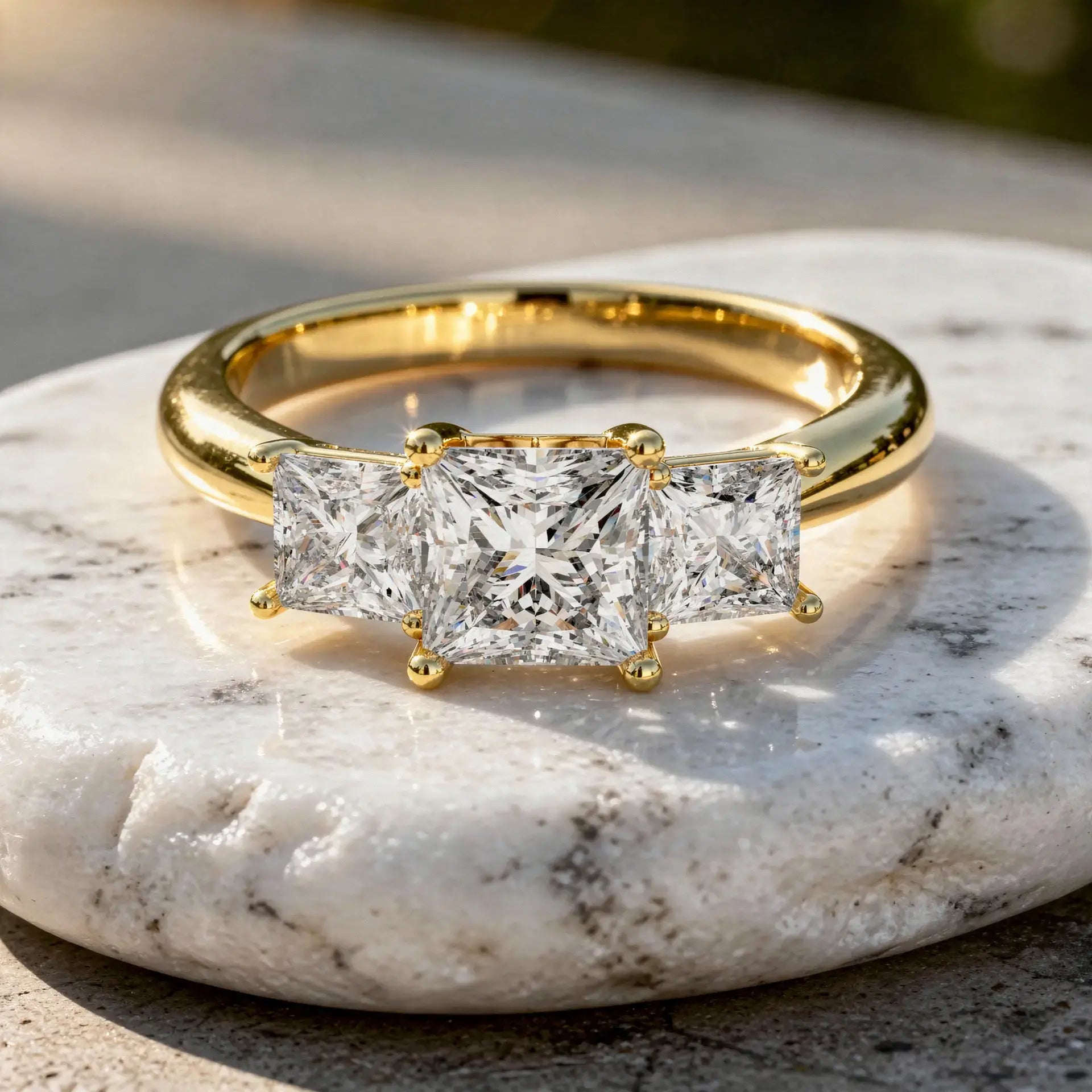 Flat Lay: Princess Diamond Ring with Three Stone Setting in 14k Yellow Gold - Lab Grown - Driona Jewels
