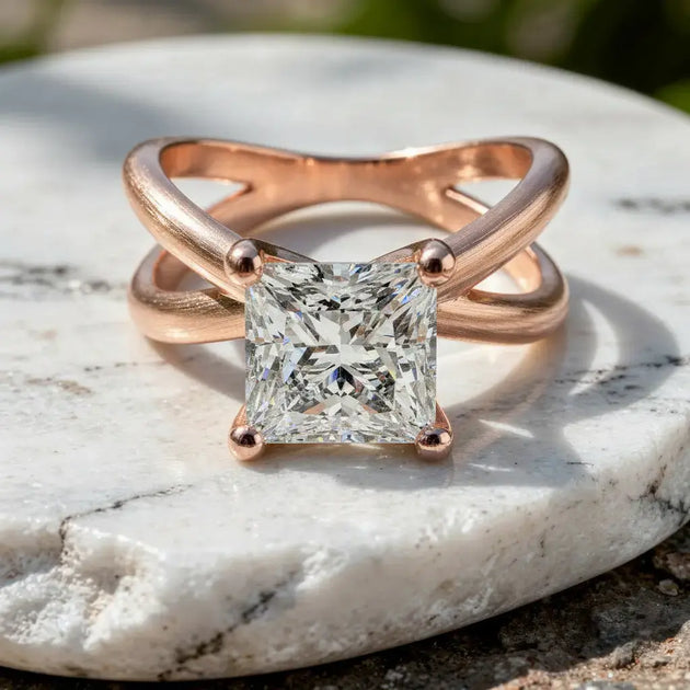 Front-view: Princess Diamond Engagement Ring with Twisted Setting in 14k Rose Gold - Lab Grown - Driona Jewels