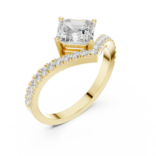 Angled View: Radiant Diamond Ring with Pave Bypass Setting in 14K Yellow Gold – Lab Grown – Driona Jewels
