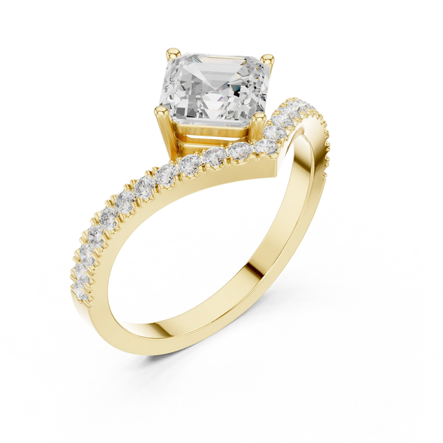 Angled View: Radiant Diamond Ring with Pave Bypass Setting in 14K Yellow Gold – Lab Grown – Driona Jewels

