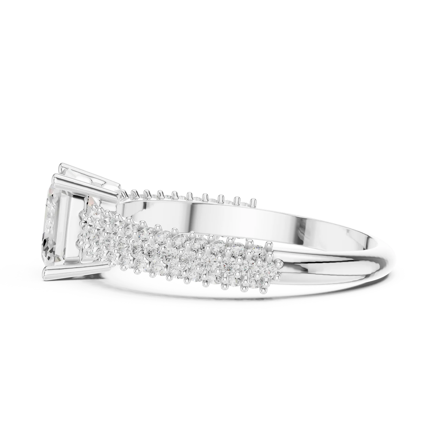 Side profile view: Radiant Diamond Ring with Pave Setting in 14K White Gold – Lab Grown – Driona Jewels

