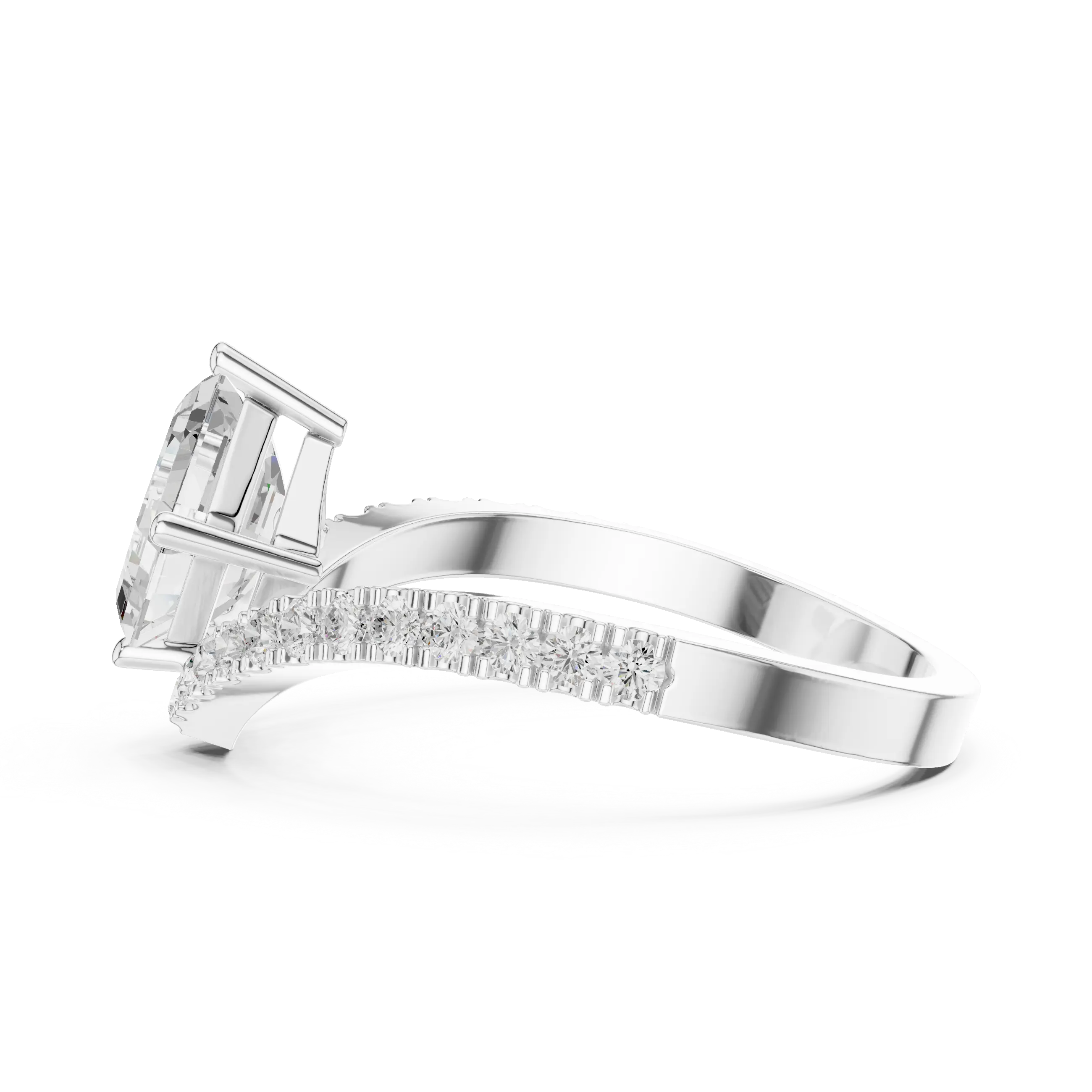 Dynamic angle of a: Radiant Diamond Ring with Prong and Channel Split Shank Setting in 14K White Gold – Lab Grown – Driona Jewels
