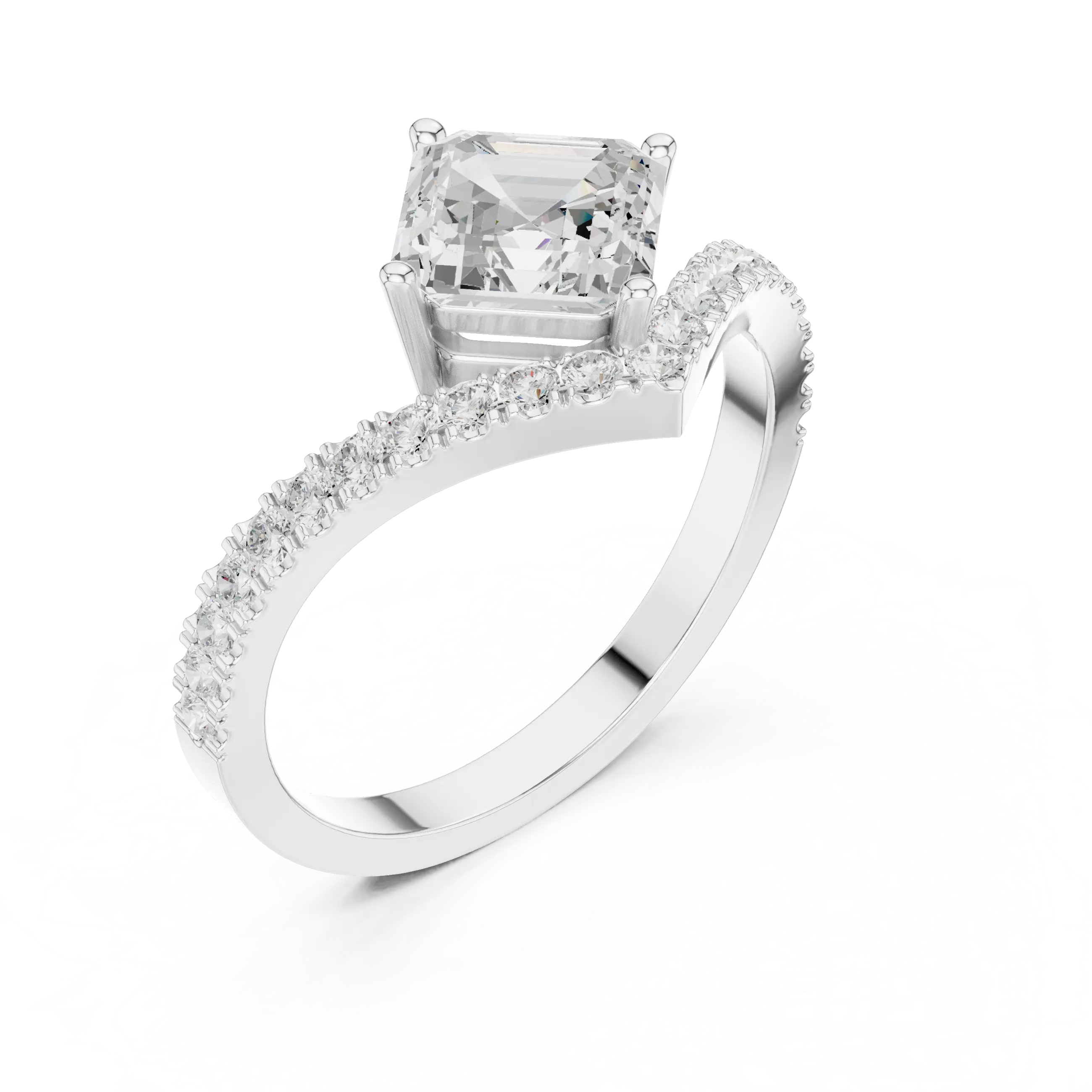 Angle view: Radiant Diamond Ring with Prong and Pave Setting in 14k White Gold – Lab Grown – Driona Jewels
