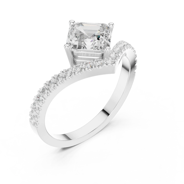 Angle view: Radiant Diamond Ring with Prong and Pave Setting in 14k White Gold – Lab Grown – Driona Jewels
