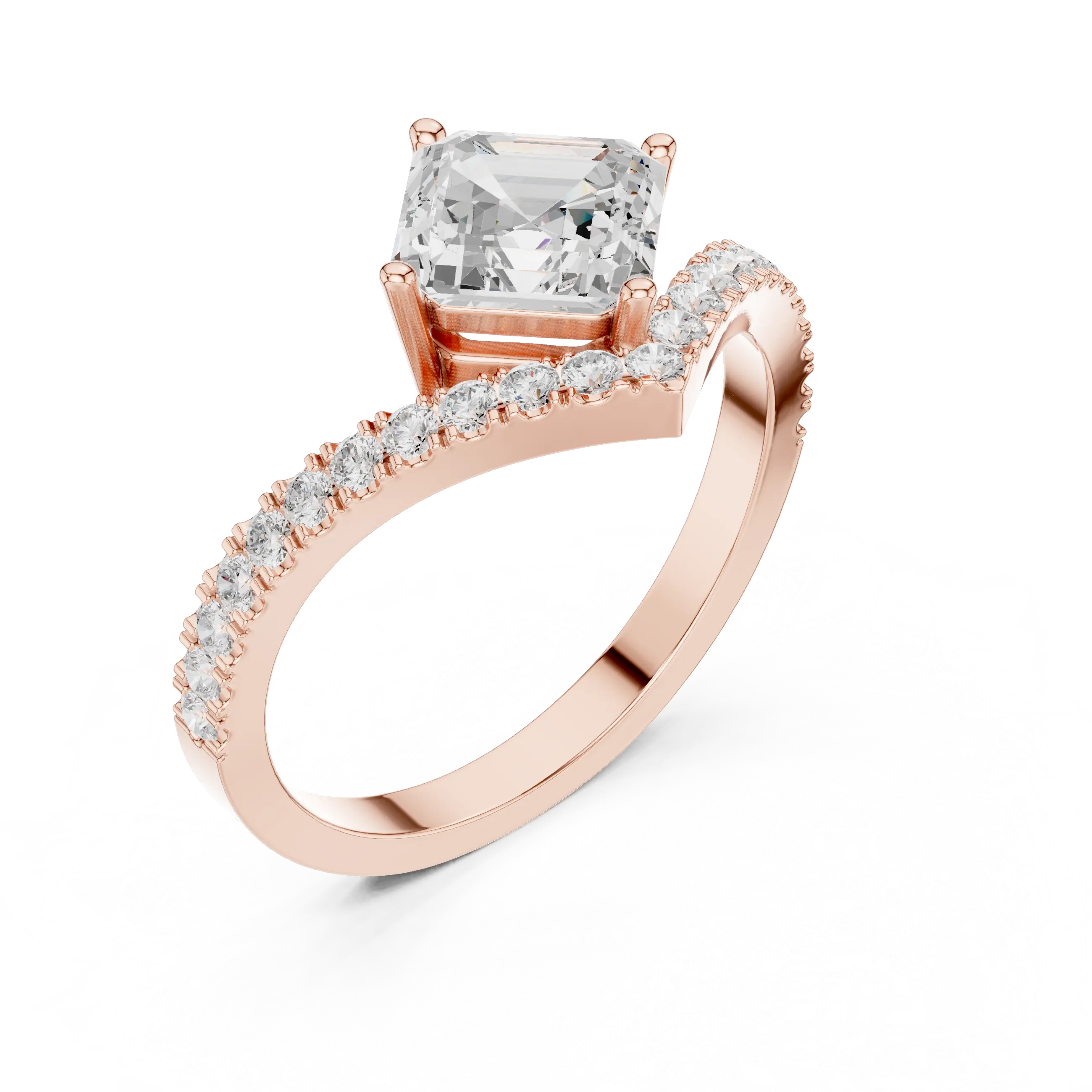 Angle View: Radiant Diamond Ring with Split Shank Pave Setting in 14K Rose Gold – Lab Grown – Driona Jewels
