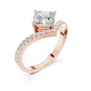Angle View: Radiant Diamond Ring with Split Shank Pave Setting in 14K Rose Gold – Lab Grown – Driona Jewels
