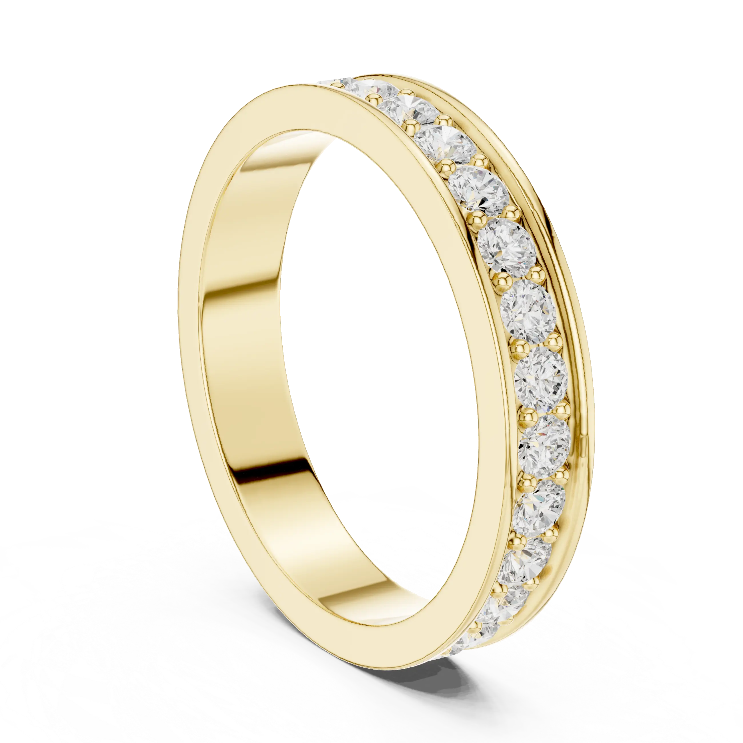 Angle view of an elegant channel-set band: Round Brilliant Diamond Ring with Channel Setting in Unknown Yellow Gold – Lab Grown – Driona Jewels
