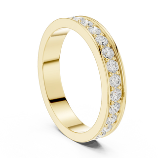 Angle view of an elegant channel-set band: Round Brilliant Diamond Ring with Channel Setting in Unknown Yellow Gold – Lab Grown – Driona Jewels

