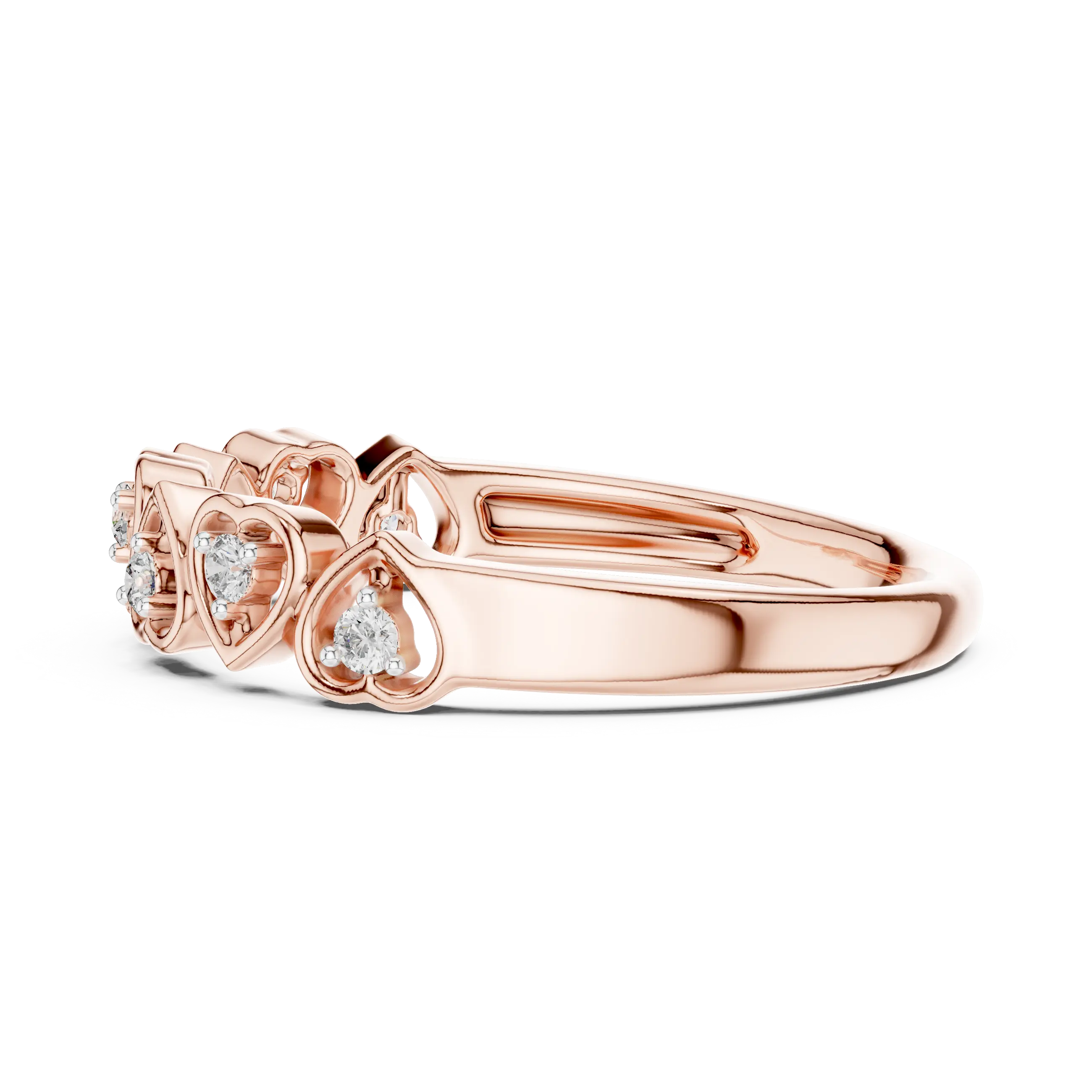 Angle View: Round Brilliant Diamond Ring with Heart Setting in 14K Rose Gold – Lab Grown – Driona Jewels
