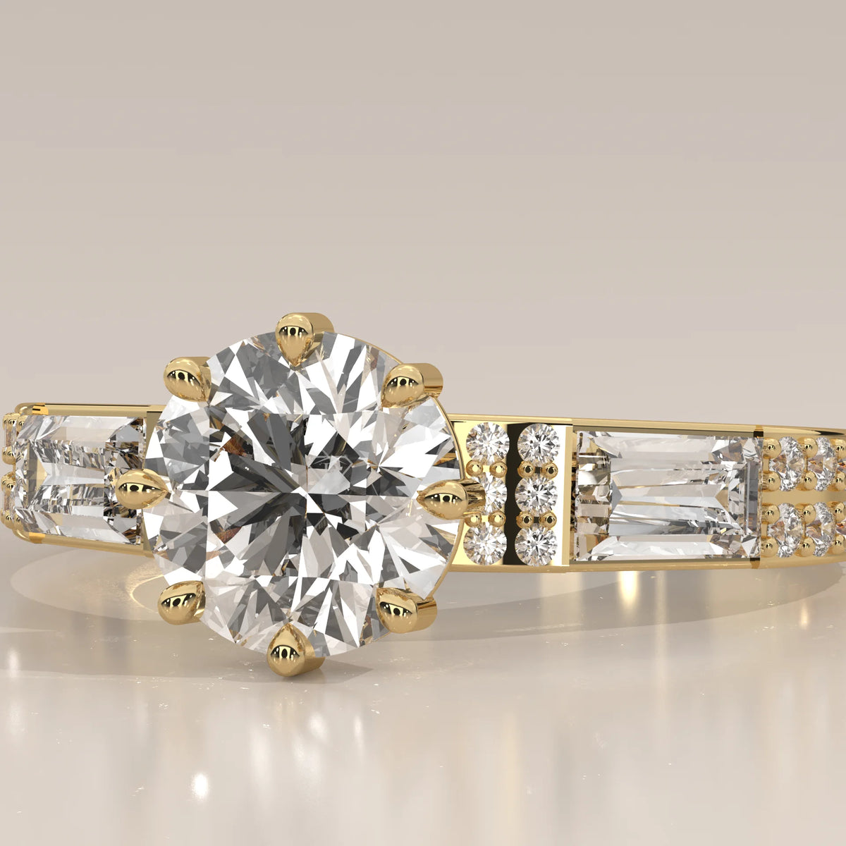 Round Lab Grown Diamond Ring with Baguette Shoulders and Double Pave in yellow gold, front view on a plain background.