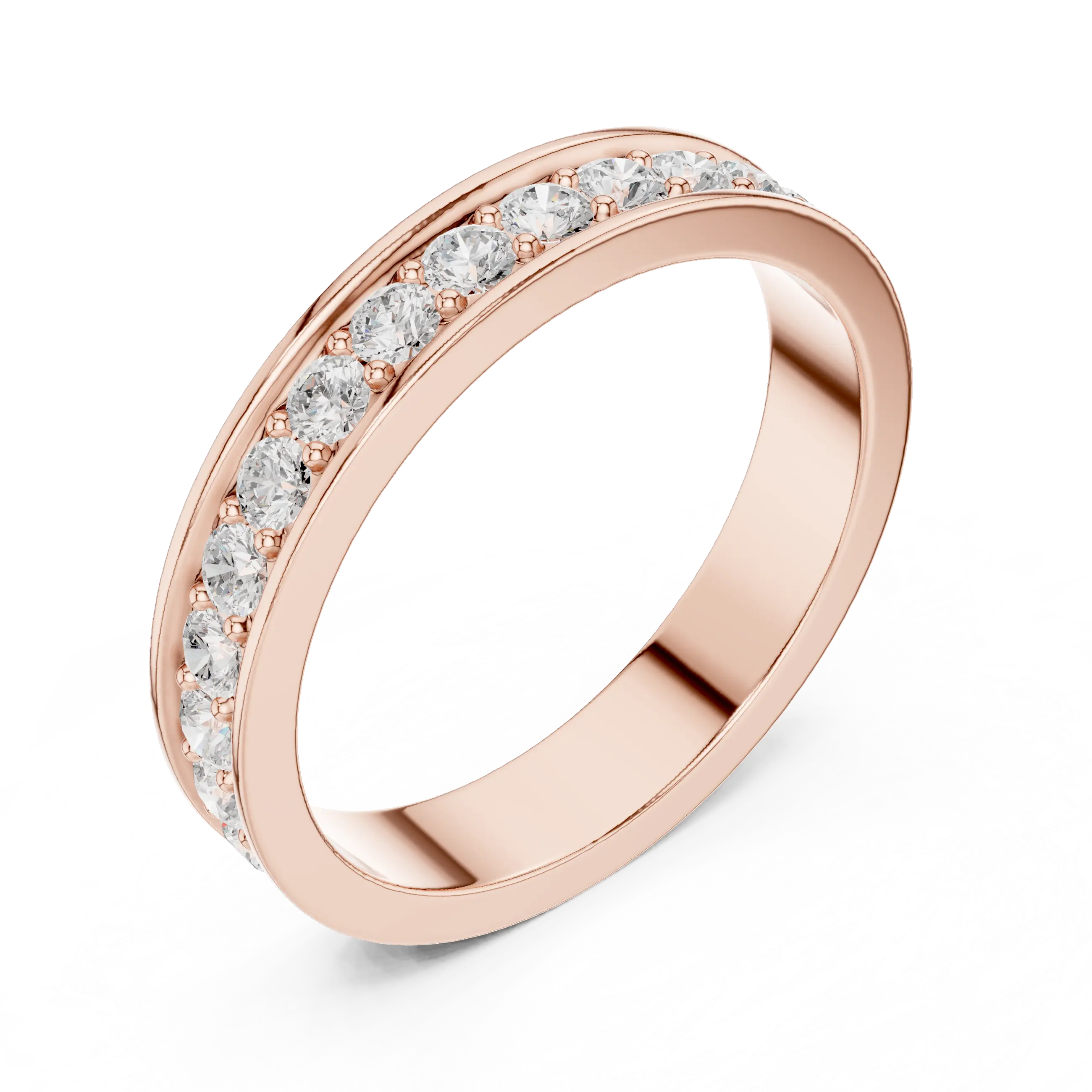 Angle view: Round Brilliant Diamond Ring with Bead Setting in Rose Gold – Lab Grown – Driona Jewels
