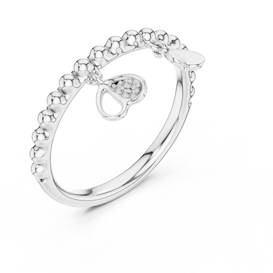 Angle view: Round Diamond Ring with Beaded Band, Teardrop Charm and Cluster Setting in 14K White Gold – Lab Grown – Driona Jewels
