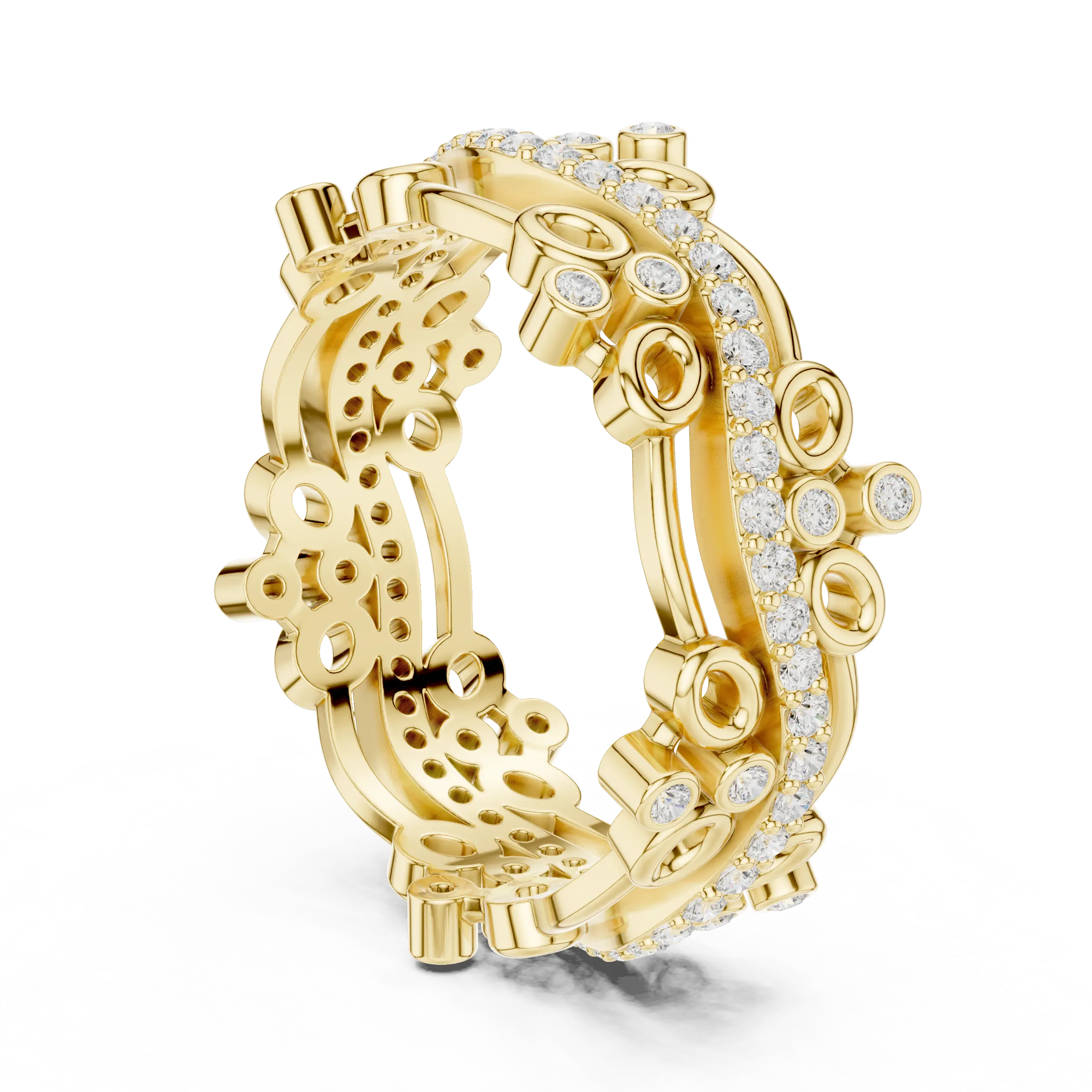 Three-quarter-view: Round Diamond Ring with Bezel Setting in 14k Yellow Gold - Lab Grown - Driona Jewels