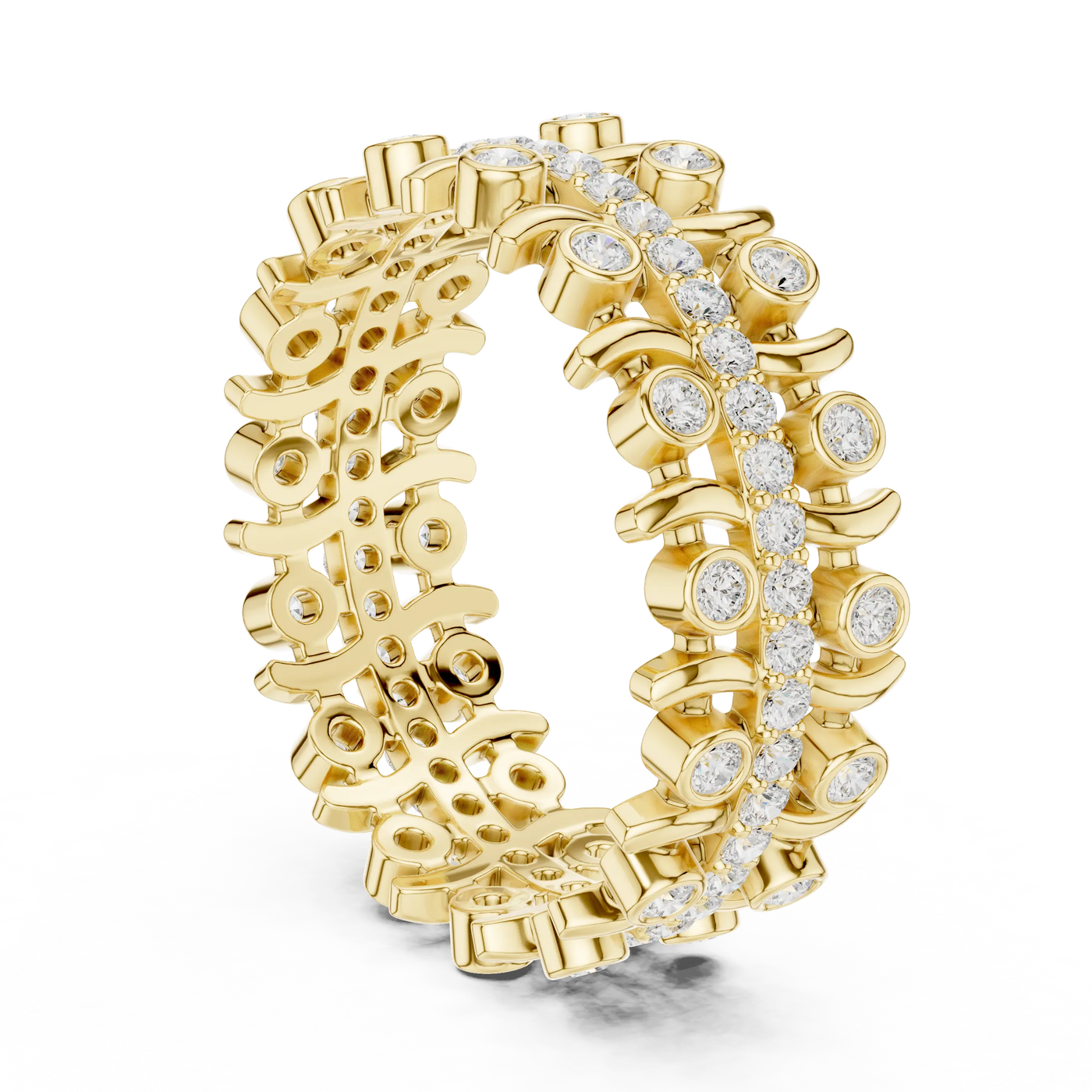 Three-quarter-view: Round Diamond Ring with Bezel Setting in 14k Yellow Gold - Lab Grown - Driona Jewels