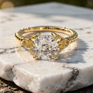 Close-up: Round Diamond Engagement Ring with Celtic Setting in 14k Yellow Gold - Lab Grown - Driona Jewels