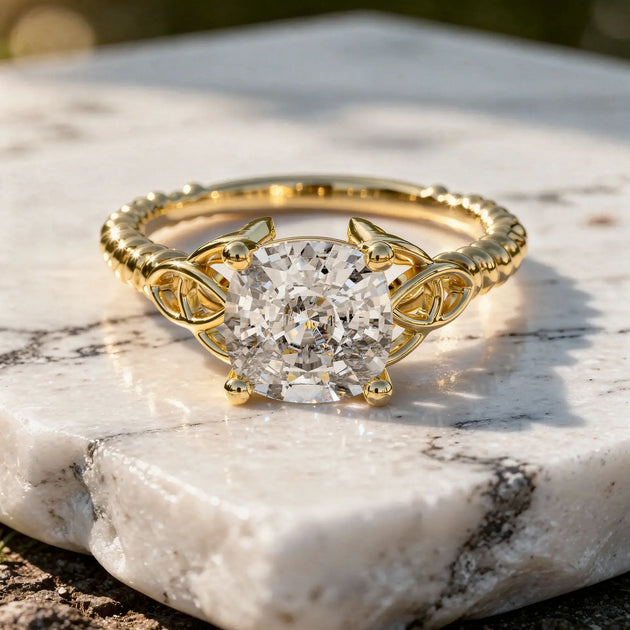 Close-up: Round Diamond Engagement Ring with Celtic Setting in 14k Yellow Gold - Lab Grown - Driona Jewels