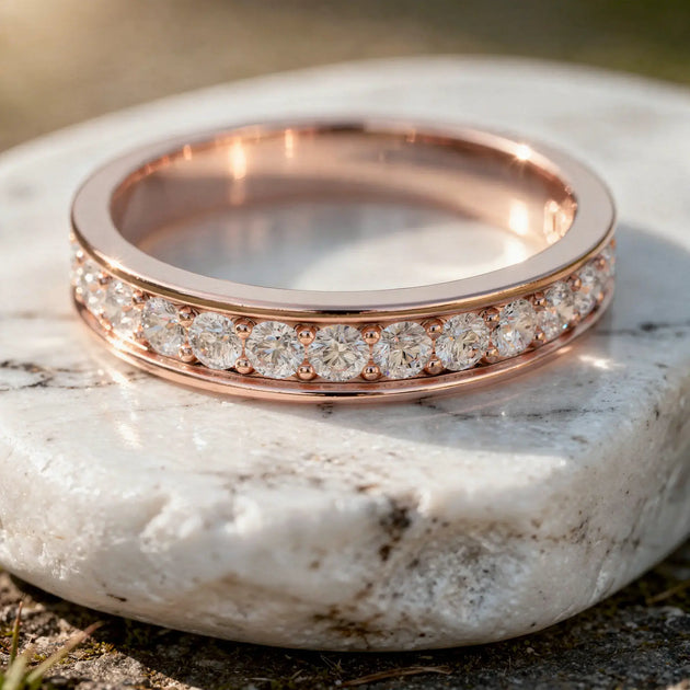 Close-up: Round Diamond Ring with Channel Setting in 14k Rose Gold - Lab Grown - Driona Jewels