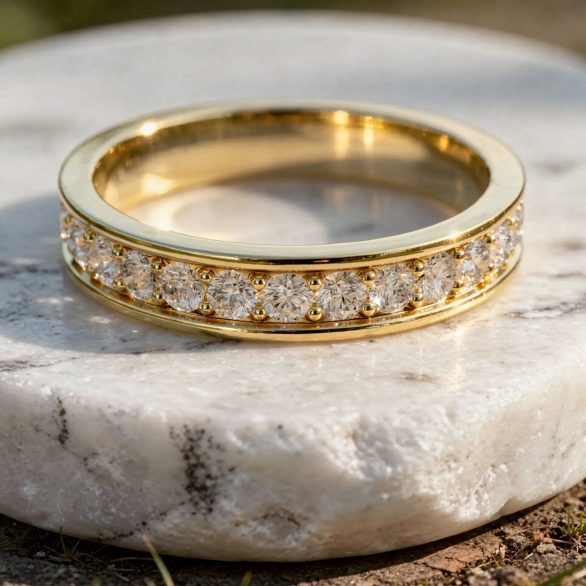 Close-up: Round Diamond Ring with Channel Setting in 14k Yellow Gold - Lab Grown - Driona Jewels