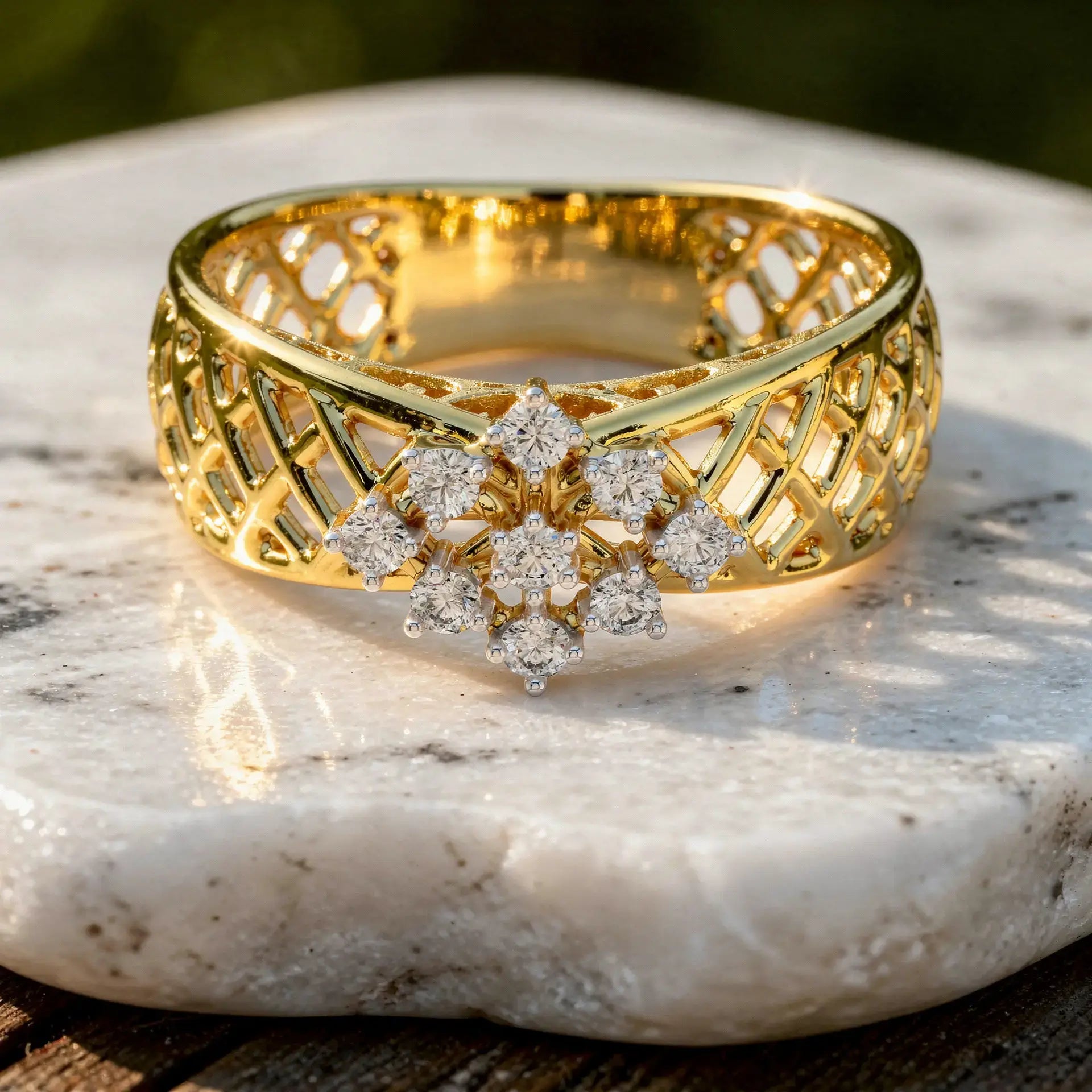 Close-up: Round Diamond Ring with Cluster Setting in 14k Yellow Gold - Lab Grown - Driona Jewels