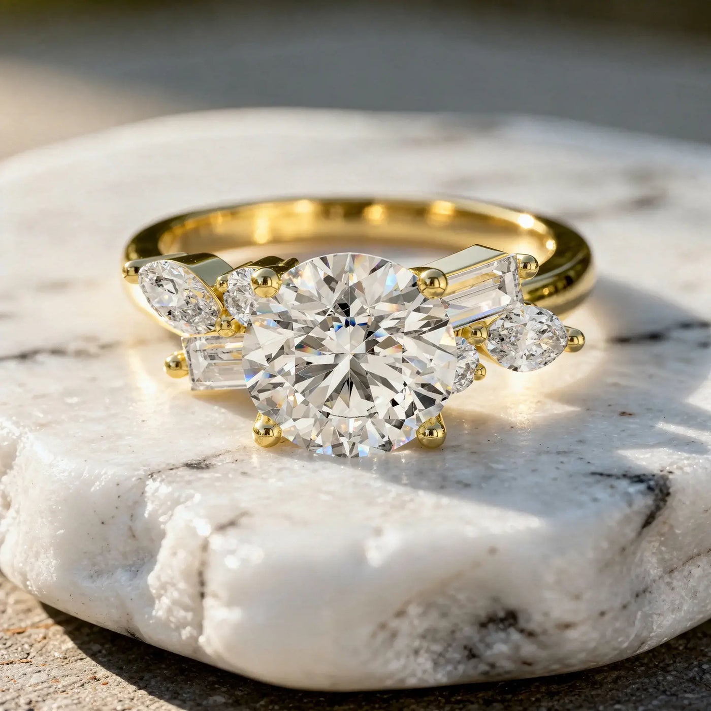 Front-view: Round Diamond Ring with Cluster Setting in 14k Yellow Gold - Lab Grown - Driona Jewels