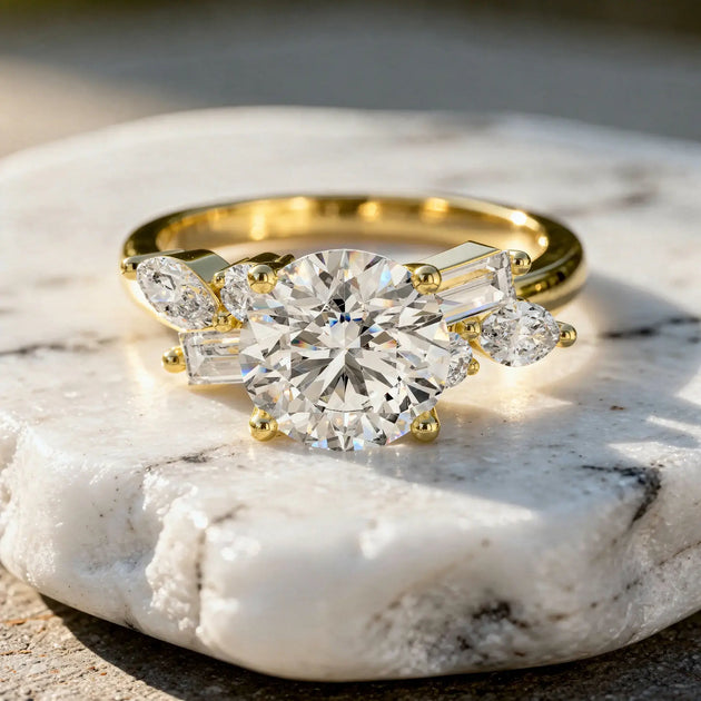 Front-view: Round Diamond Ring with Cluster Setting in 14k Yellow Gold - Lab Grown - Driona Jewels