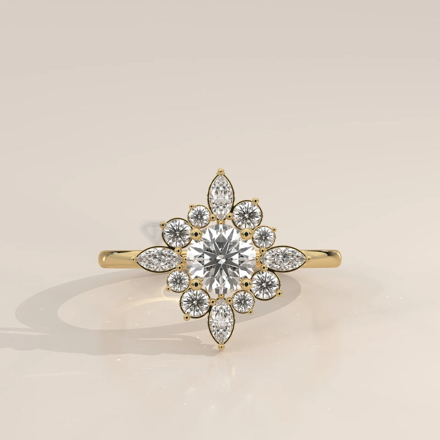 A sparkling 14k yellow gold ring with a central round diamond surrounded by smaller diamonds and marquise-cut stones.