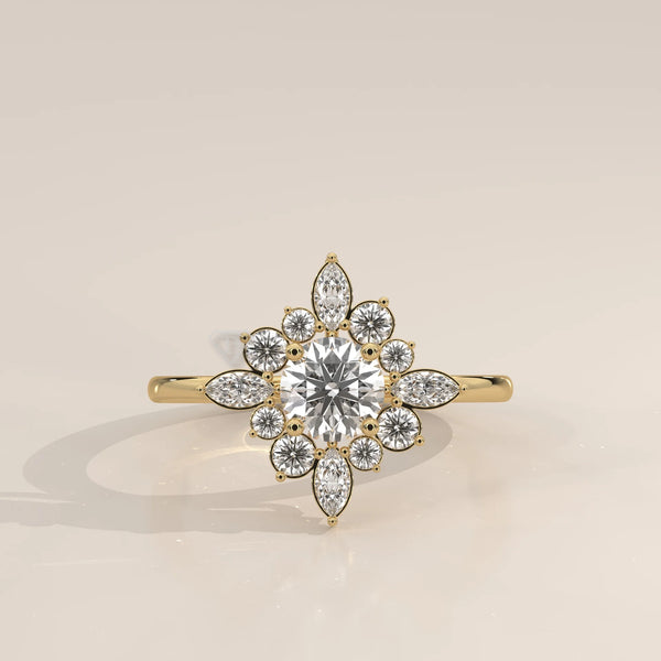 A sparkling 14k yellow gold ring with a central round diamond surrounded by smaller diamonds and marquise-cut stones.