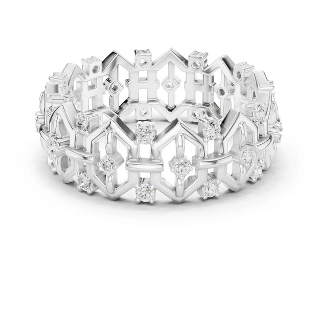 Three-quarter-view: Round Diamond Eternity with Pave Setting in 14k White Gold - Lab Grown - Driona Jewels
