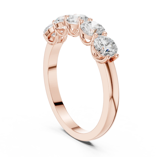 Three-Quarter View: Round Diamond Ring with Five Stone Setting in 14k Rose Gold - Lab Grown - Driona Jewels