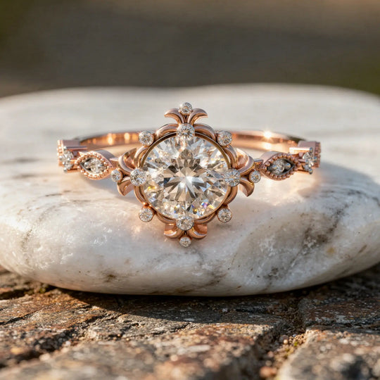 Close-up: Round Diamond Engagement Ring with Floral Setting in 14k Rose Gold - Lab Grown - Driona Jewels