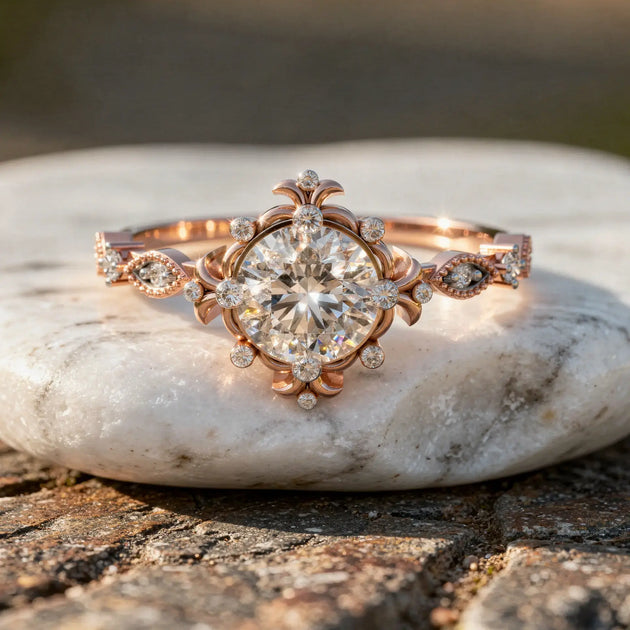 Close-up: Round Diamond Engagement Ring with Floral Setting in 14k Rose Gold - Lab Grown - Driona Jewels