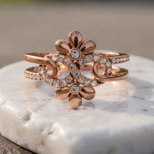 Close-up: Round Diamond Ring with Floral Setting in 14k Rose Gold - Lab Grown - Driona Jewels