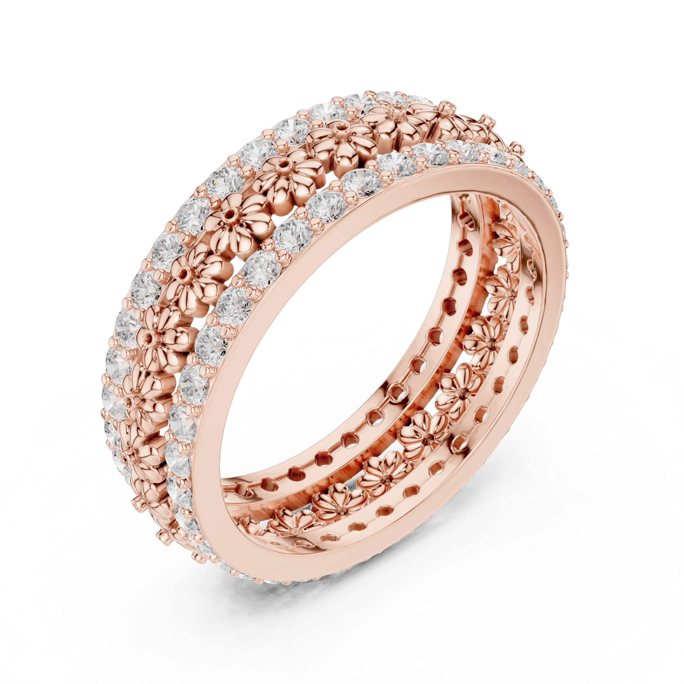 Three-quarter View: Round Diamond Ring with Floral Setting in 14k Rose Gold - Lab Grown - Driona Jewels