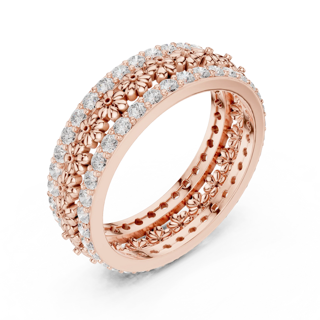 Three-quarter View: Round Diamond Ring with Floral Setting in 14k Rose Gold - Lab Grown - Driona Jewels
