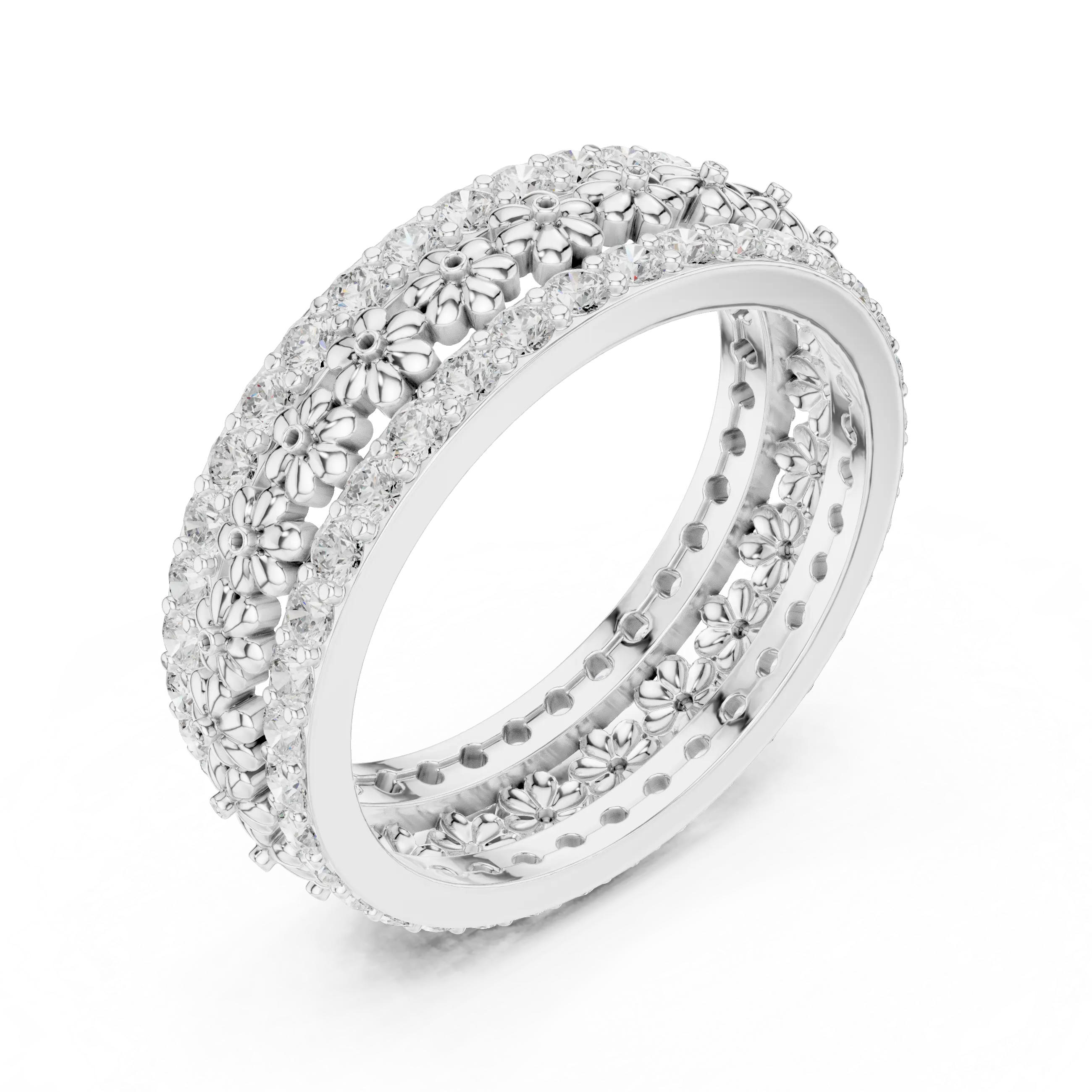 Band Detail: Round Diamond Ring with Floral Setting in 14k White Gold - Lab Grown - Driona Jewels