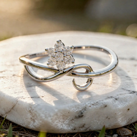 Close-up: Round Diamond Ring with Floral Setting in 14k White Gold - Lab Grown - Driona Jewels