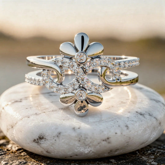 Close-up: Round Diamond Ring with Floral Setting in 14k White Gold - Lab Grown - Driona Jewels