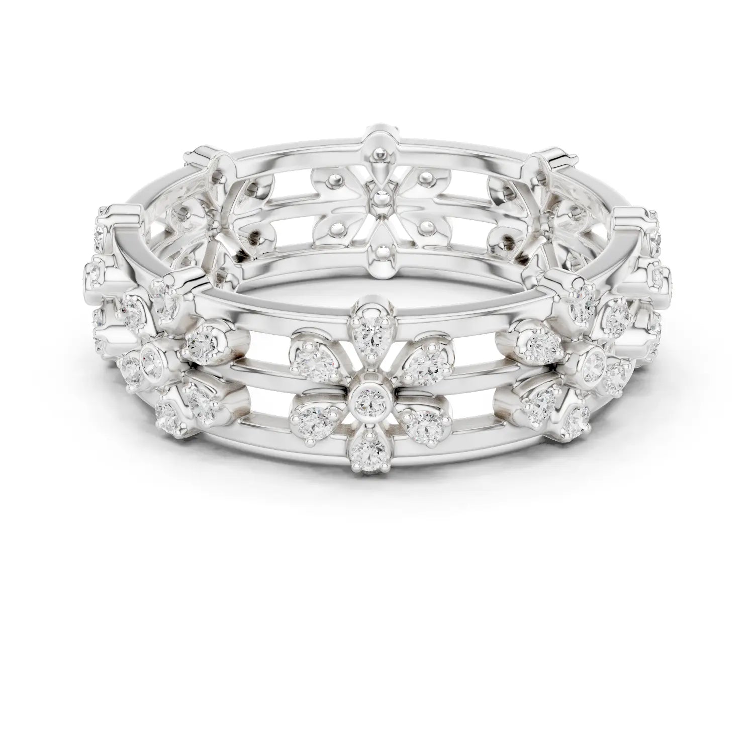 Front-view: Round Diamond Ring with Floral Setting in 14k White Gold - Lab Grown - Driona Jewels