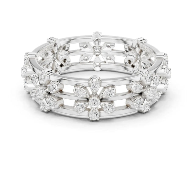 Front-view: Round Diamond Ring with Floral Setting in 14k White Gold - Lab Grown - Driona Jewels