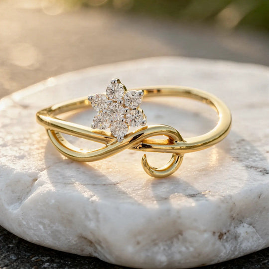 Close-up: Round Diamond Ring with Floral Setting in 14k Yellow Gold - Lab Grown - Driona Jewels