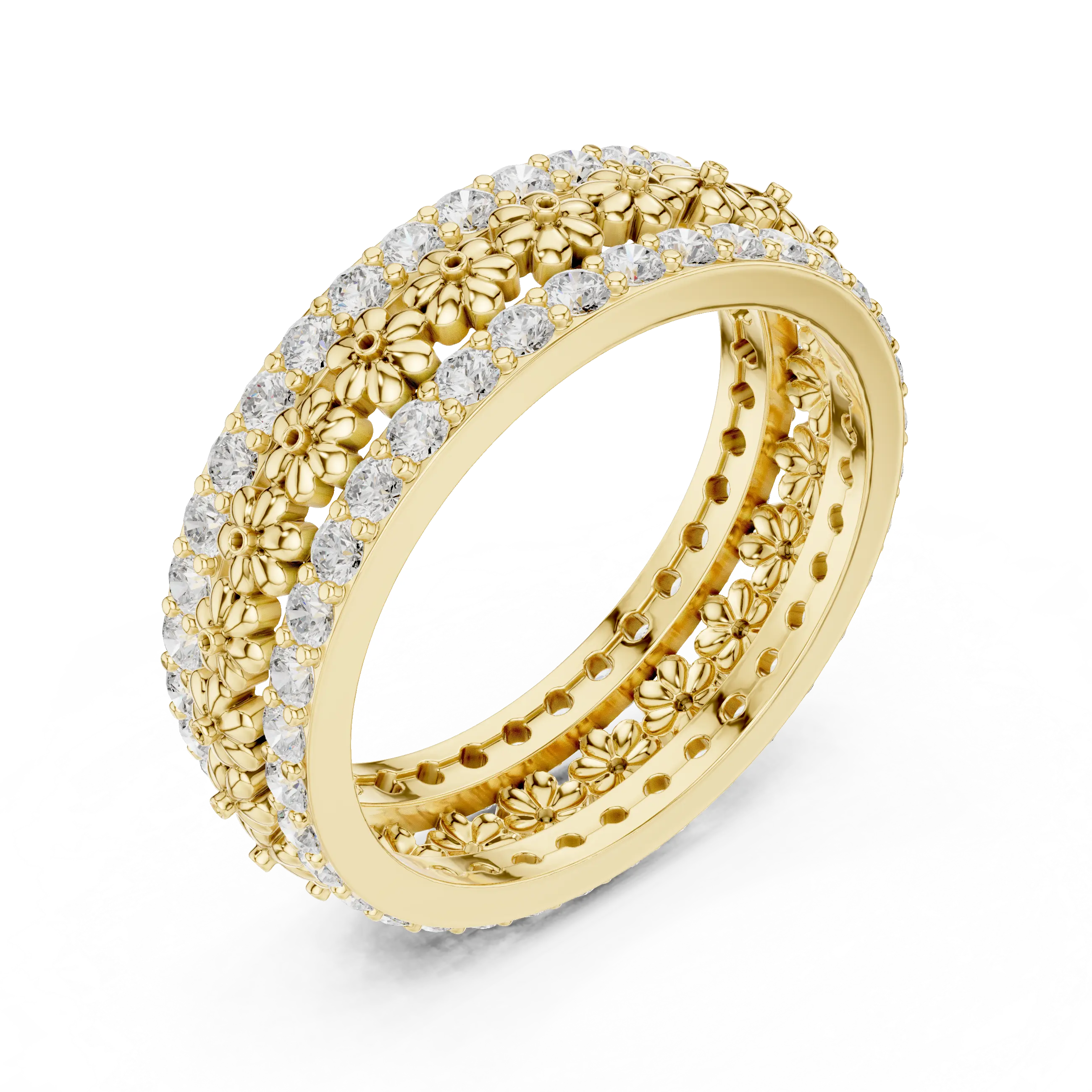 Three-Quarter View: Round Diamond Ring with Floral Setting in 14k Yellow Gold - Lab Grown - Driona Jewels