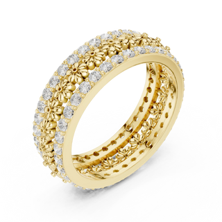 Three-Quarter View: Round Diamond Ring with Floral Setting in 14k Yellow Gold - Lab Grown - Driona Jewels