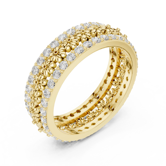 Three-Quarter View: Round Diamond Ring with Floral Setting in 14k Yellow Gold - Lab Grown - Driona Jewels